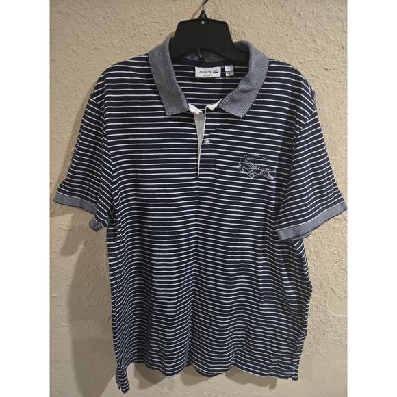 Lacoste Regular Fit Print Polo, Blue White Striped Short Sleeve Shirt, Size XL - Picture 1 of 5
